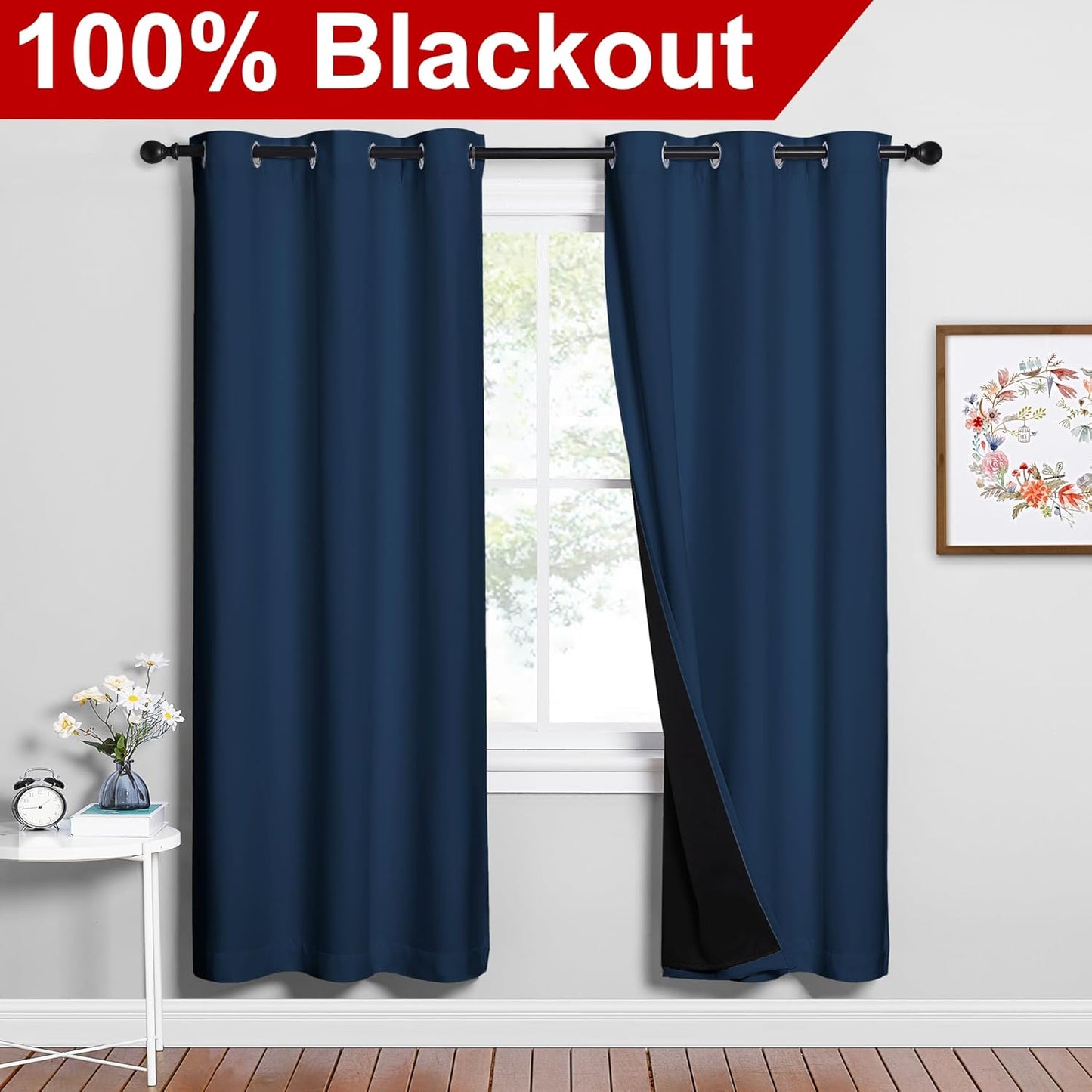 NICETOWN Moroccan Blue Full Shade Curtain Panels, Pair of Energy Smart & Noise Blocking Out Blackout Drapes for Dining Room Window, Thermal Insulated Guest Room Lined Window Dressing(42 x 72 inch)