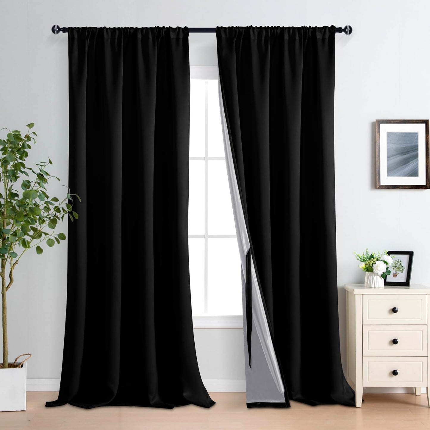 XWZO 100% Blackout Curtains 95 Inches Long with Tiebacks- Privacy Protection & Noise Blocking Rod Pocket Window Draperies with Black Liner for Bedroom/Living Room, Black, W52 x L95, Set of 2