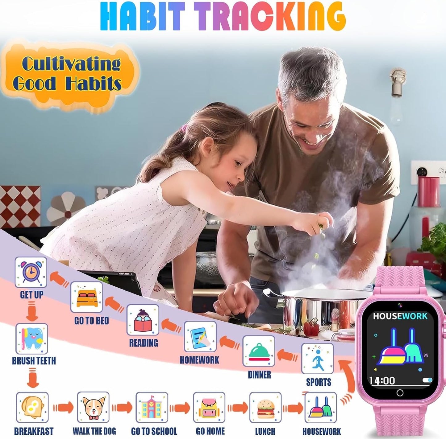 Goodatech Kids Smart Watch for Boys Girls, 1.54'' Smartwatch with 26 Puzzle Games,HD Camera,Video Music Player,Pedometer,Flashlight,Audio Book etc., Aluminum Case and Sport Band (Pink)