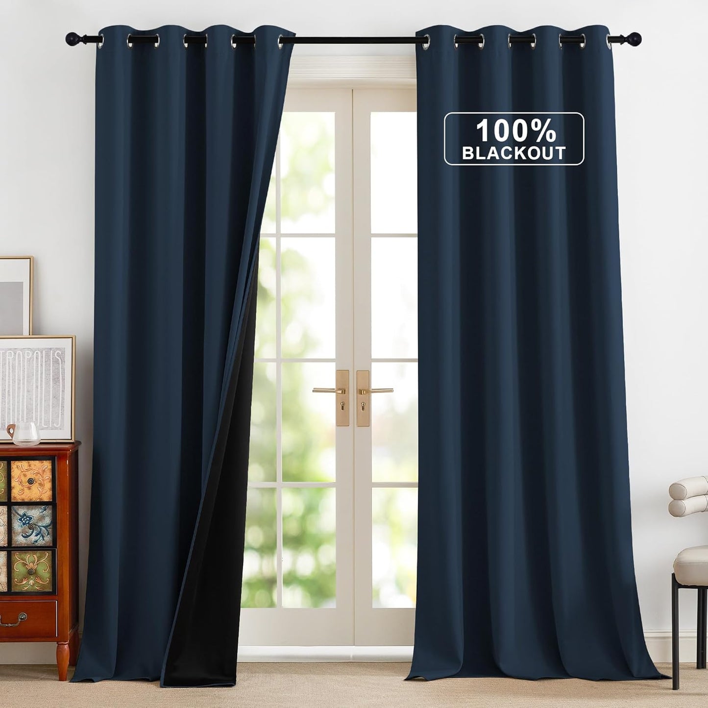 NICETOWN Full Blackout Curtains 96 inches Long for Living Room - Grommet Privacy Window Treatment Thermal Insulated Curtains for Bedroom Patio, 1 Pair, 52W x 96L, Navy