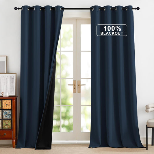 NICETOWN Full Blackout Curtains 96 inches Long for Living Room - Grommet Privacy Window Treatment Thermal Insulated Curtains for Bedroom Patio, 1 Pair, 52W x 96L, Navy