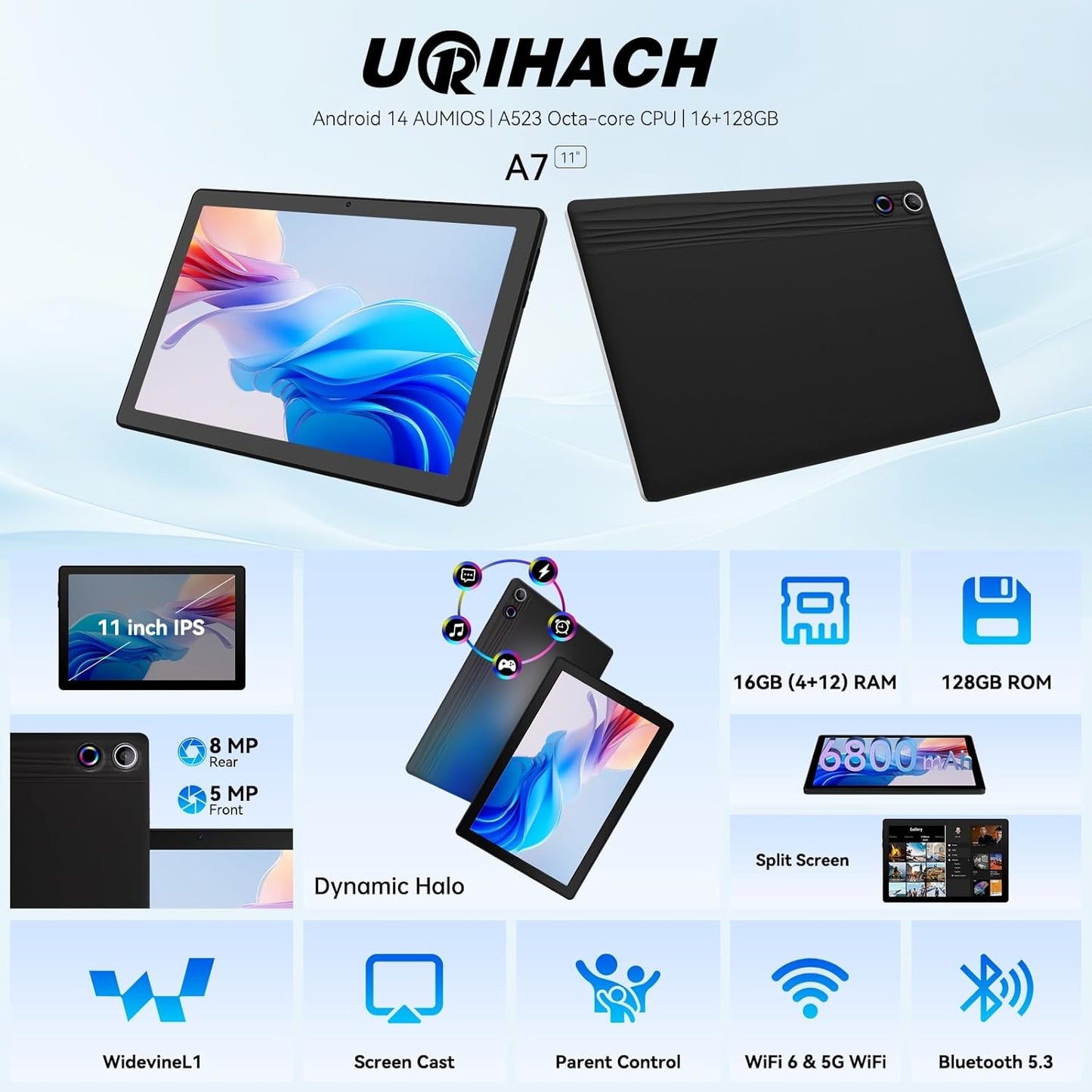 Tablet, Android Tablet 10.95",16GB RAM 128GB ROM 1TB Expansion, Octa-Core, Android 14, 1280x800 FHD, Dual Camera, WiFi6, BT5.3, 6800mAh Battery