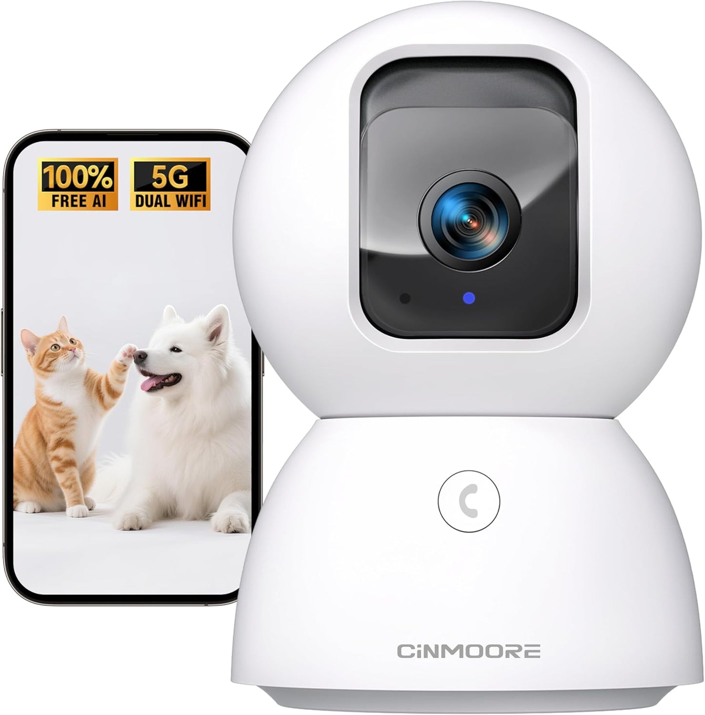 3K Pet/Dog/Cat Camera with Phone App, No-Subscription Local Person/Pet/Face Detection, 5G Security Camera Indoor, PTZ WiFi Cameras for Home Security, 0-Glow Night Vision, Full Duplex Audio