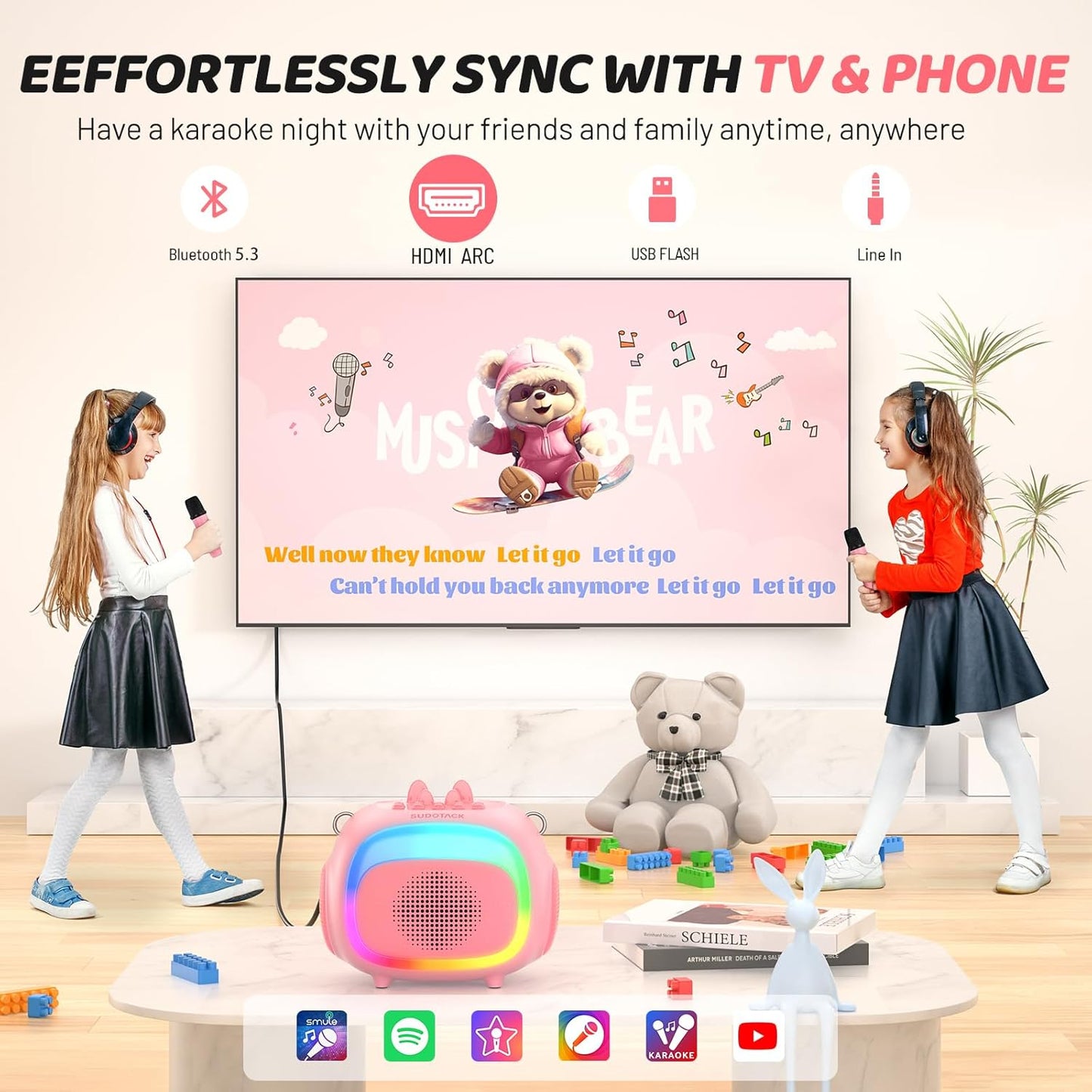 SUDOTACK Mini Karaoke Machine for Kids, Portable Bluetooth Karaoke Speaker with 2 Wilreless Microphones with LED Lights, Christmas Kids Toys Gifts for Girls 4, 5, 6, 7, 8, 9, 10 +Year Old-Pink(KM100)