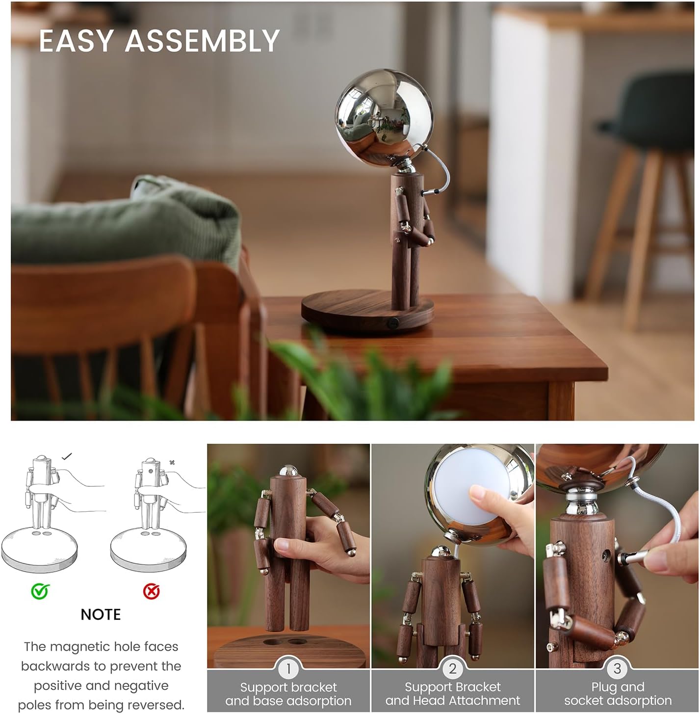 Moon Lamp for Bedroom, 5200mAh Rechargeable Wooden Desk Lamp with Touch Control & Adjustable Brightness, Creative Cordless Lamp, Decorative Bedside Lighting for Living Room & Gift