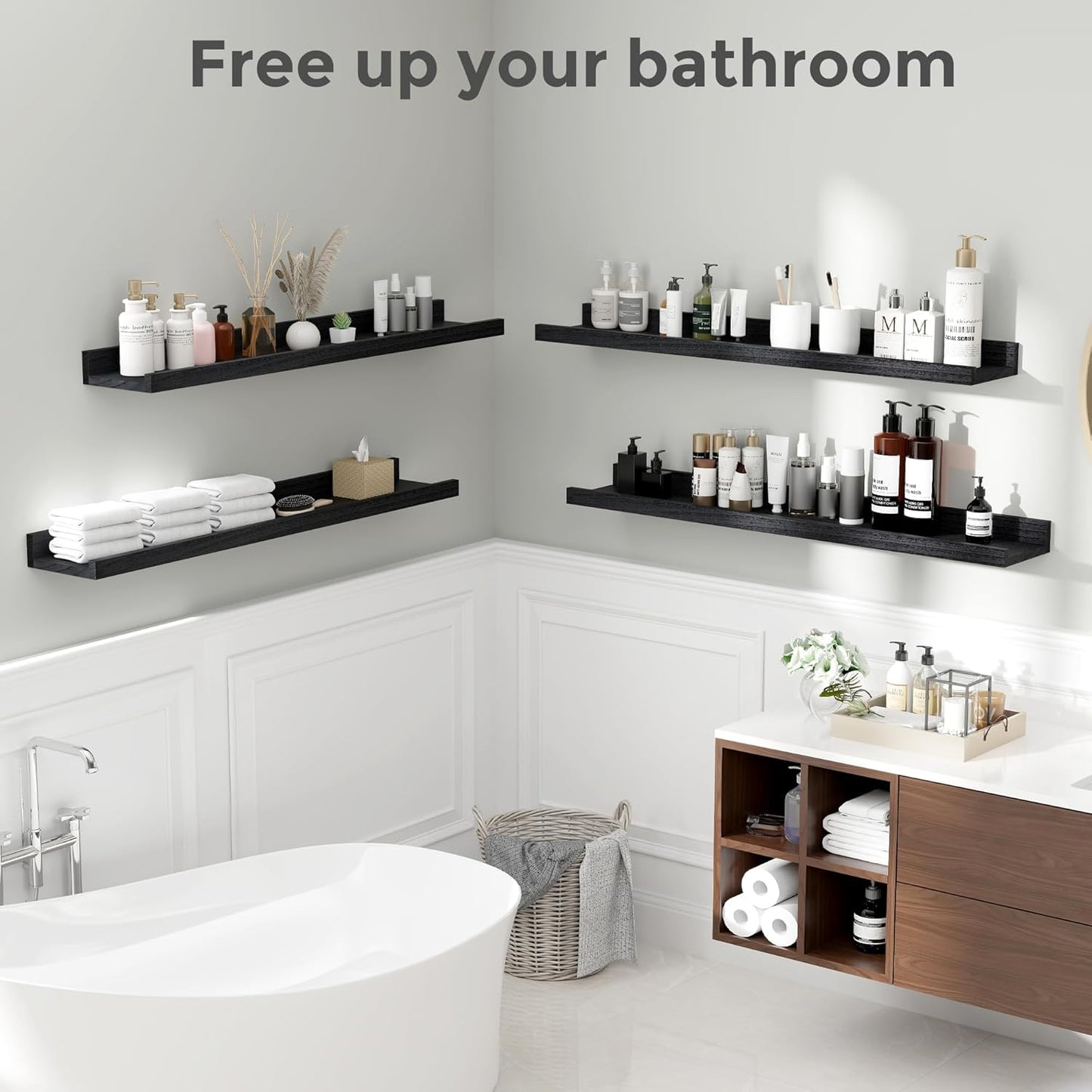 Fun Memories Floating Shelves Wall Mounted 36 Inch Long, Black Picture Shelves for Wall with Ledge, Solid Wood Wall Shelves with Lip Set of 4 for Bedroom, Kitchen, Bathroom