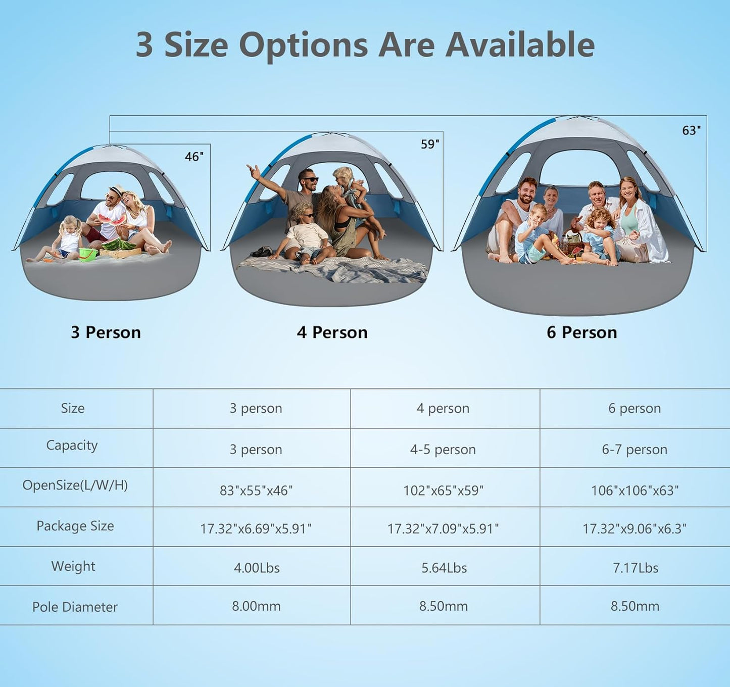 NXONE Beach Tent Sun Shade Shelter for 3/4/6 Person Person with UV Protection, Extended Floor, 3 Mesh Roll Up Windows & 8.0/8.5mm Fiberglass Rods丨Carry Bag Included