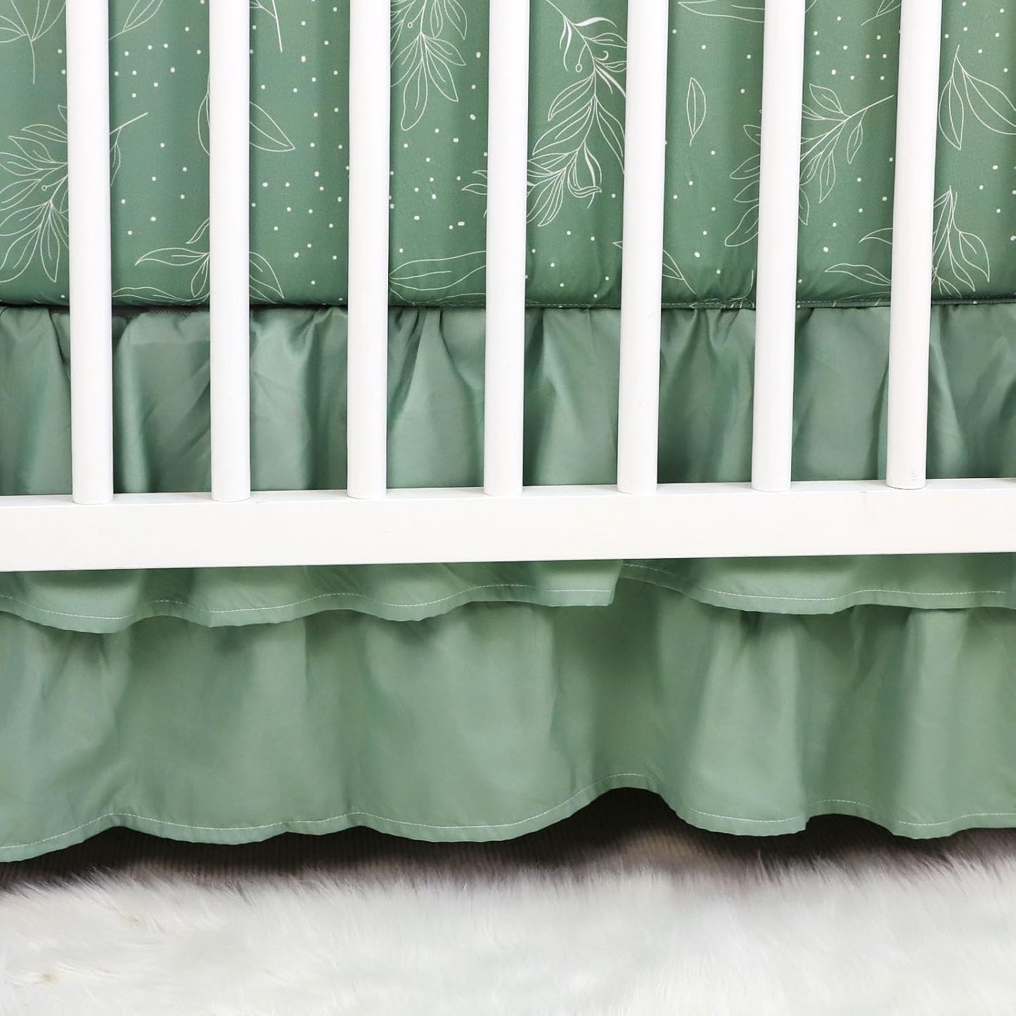Green Leaf Crib Bedding Set, 4-Piece Baby Boy Bedding Set, Neutral Nursery Bedding Set, Fitted Crib Sheet, Crib Skirt, Baby Quilt, and Diaper Stacker, Sage