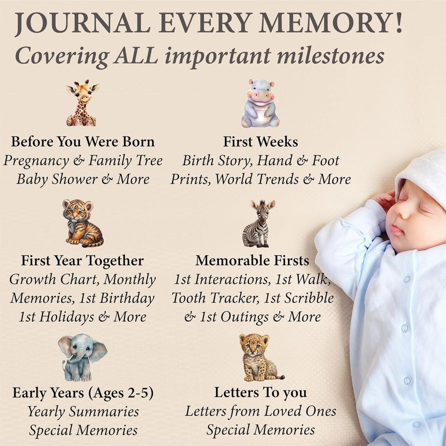 Baby Book Keepsake - Timeless Baby Memory Book for Boy or Girl I First 5 Year I Faux Leather, Gender Neutral, Safari Theme w/Gold Foil Stamp - Baby First Year Book Journal Scrapbook Photo Album Shower