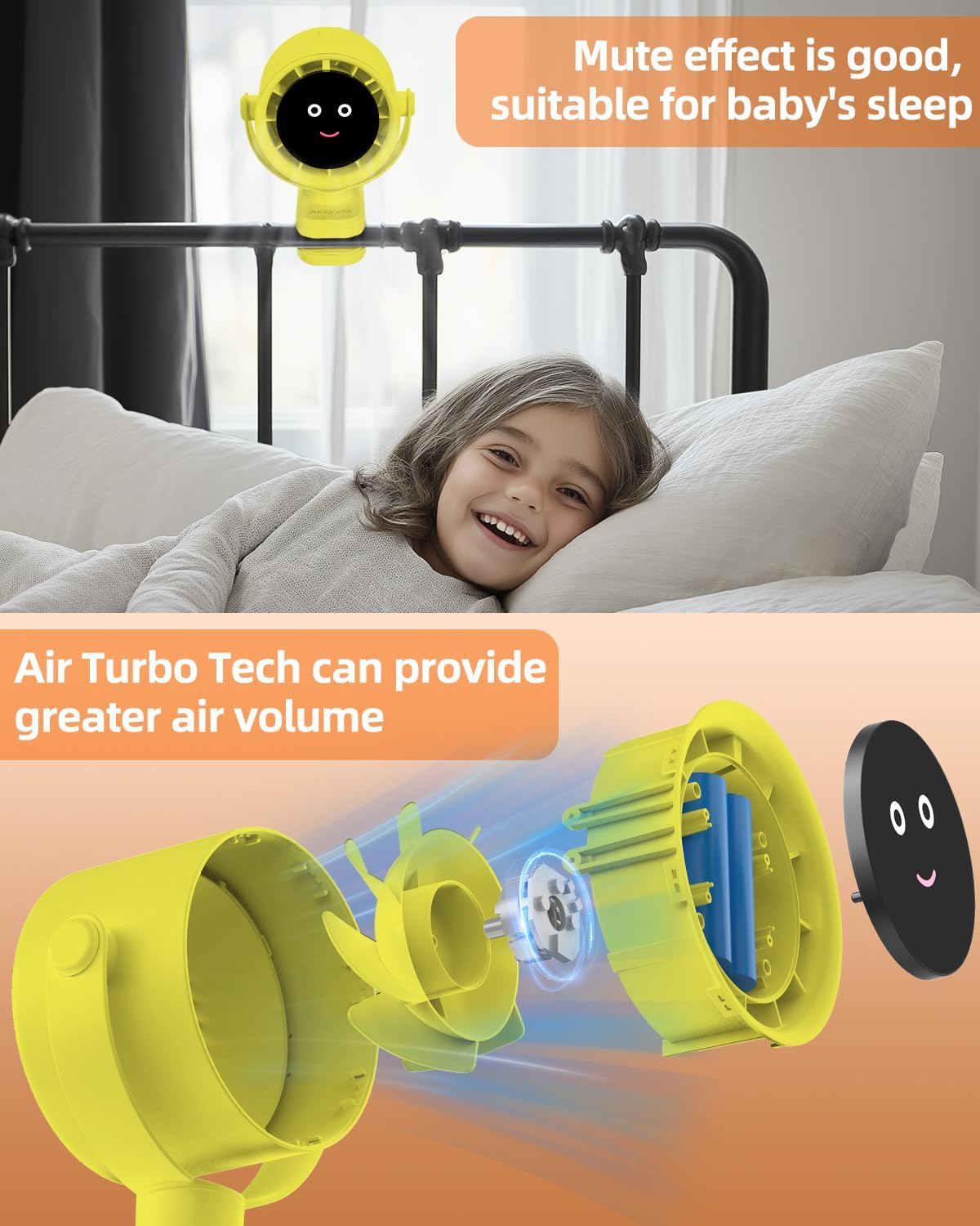 Clip on Fan for Bed, Portable Fan for Travel, Small Powerful 5 Speed Quiet 360° Rotate, Air Turbo Tech & Digital display, For Home Office Stroller Camping (Yellow)