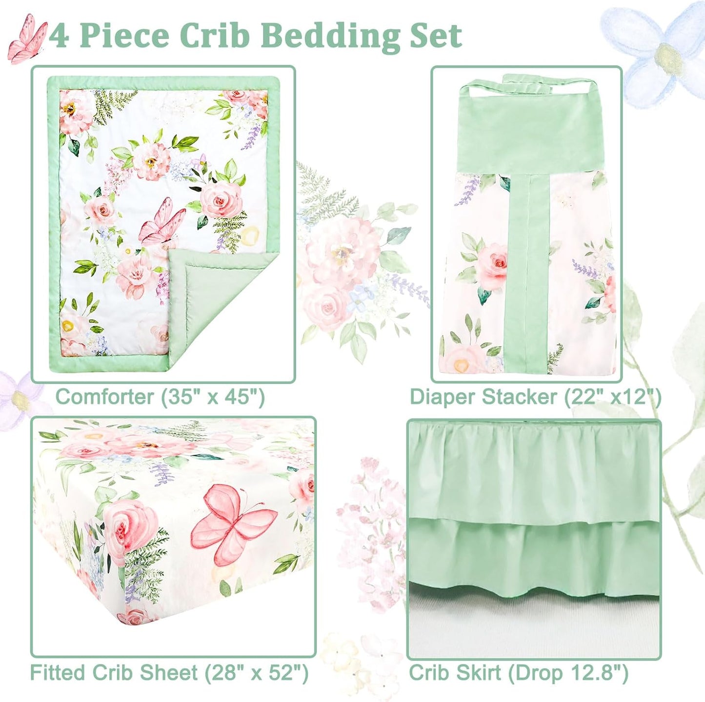 4-Piece Crib Bedding Set, Baby Girl Crib Bedding Set Butterflies Floral Nursery Bedding Set Includes Comforter, Fitted Crib Sheet, Crib Skirt, and Diaper Stacker, Green & Pink