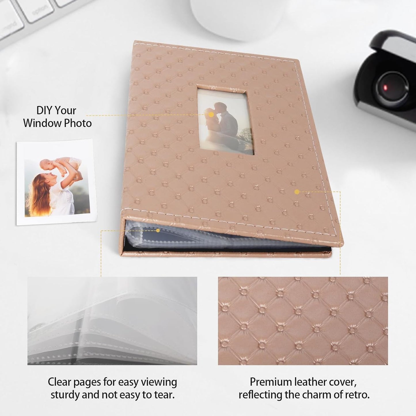 RECUTMS Polaroid Photo Album 208 Photos for Fujifilm Instax Mini Camera, 2x3 Inch Photo Album, Leather Cover with Window, for Instax Mini 12 11 9 40 90 8 7 Evo LiPlay Instant Camera (Brown)