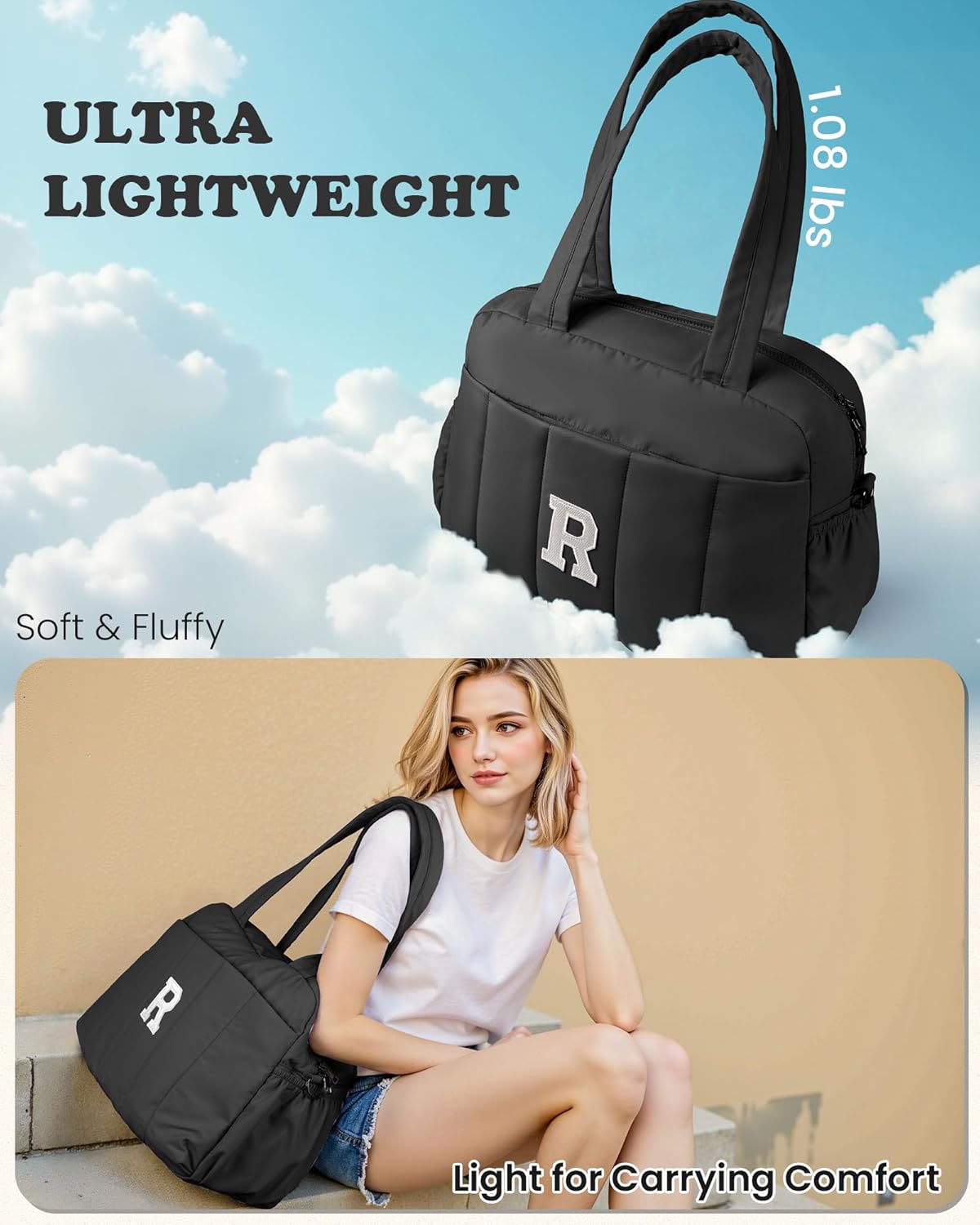 Women Duffle Bag with Initial, Personal Item Travel Bags，Gym Bag with Wet Pocket，Lightweight Travel Bags Personalized Tote with Makeup Pouch, Birthday Gifts for 13 14 15 16 17 Year Old Girls