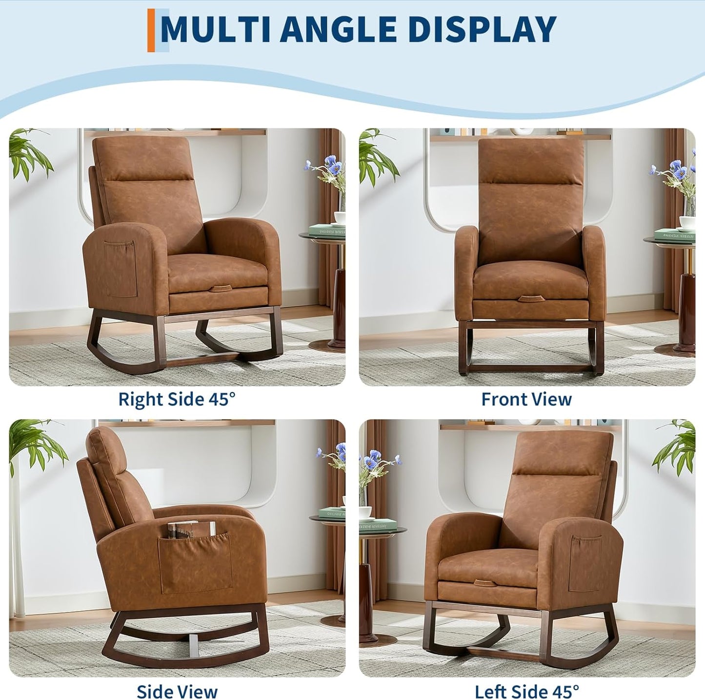 Rocking Chair Nursery with Foot Rest, Modern PU Upholstered Reading Glider Rocker Accent Armchair with High Backrest, Padded Seat, Side Pocket, for LivingRoom, Bedroom, Baby Room, Brown