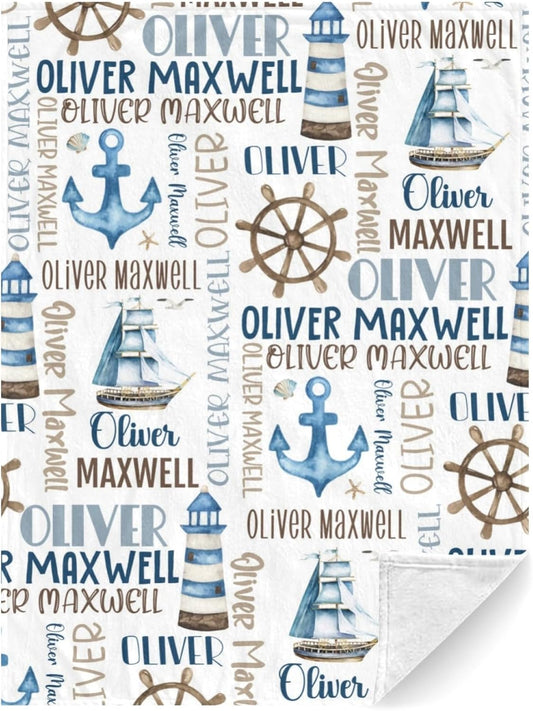 Personalized Baby Blanket for Boys, Custom Baby Blanket with Name, Nautical Blanket Sailboat Anchor Baby Blanket, Nautical Swaddle Blanket for Toddlers Kids Newborn
