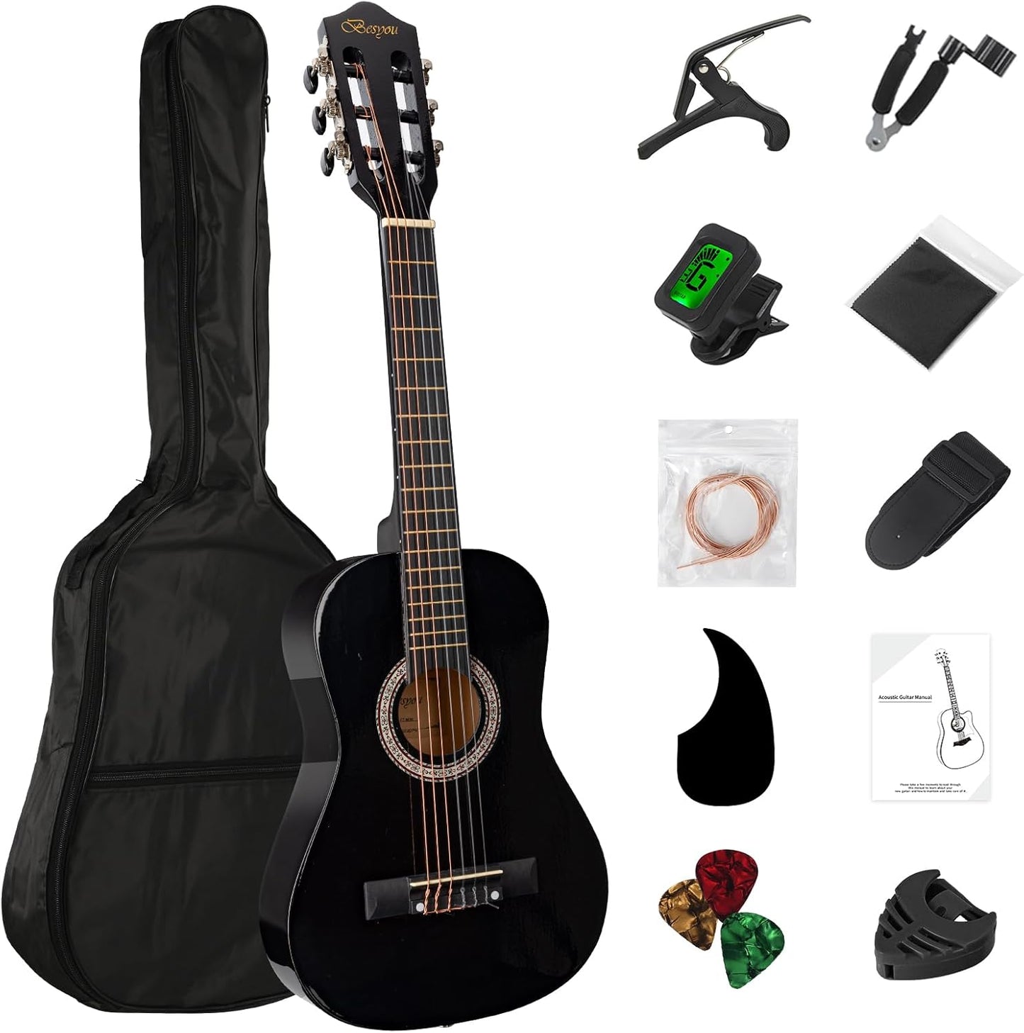 30" Black Beginner Acoustic Guitar Starter Package Student/Kids Guitar with Gig Bag,Strap,2 Picks,Extra Strings, Electronic Tuner.