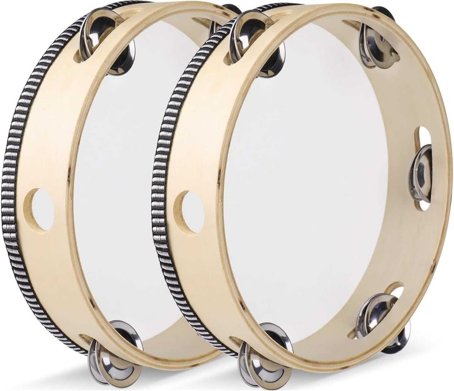 Flexzion Wood Handheld Tambourine 8" Inch Single Row 5 Pair Jingles (2 Pack, Wood) - Hand Held Percussion Drum Moon Musical Tambourine with Ergonomic Handle Grip
