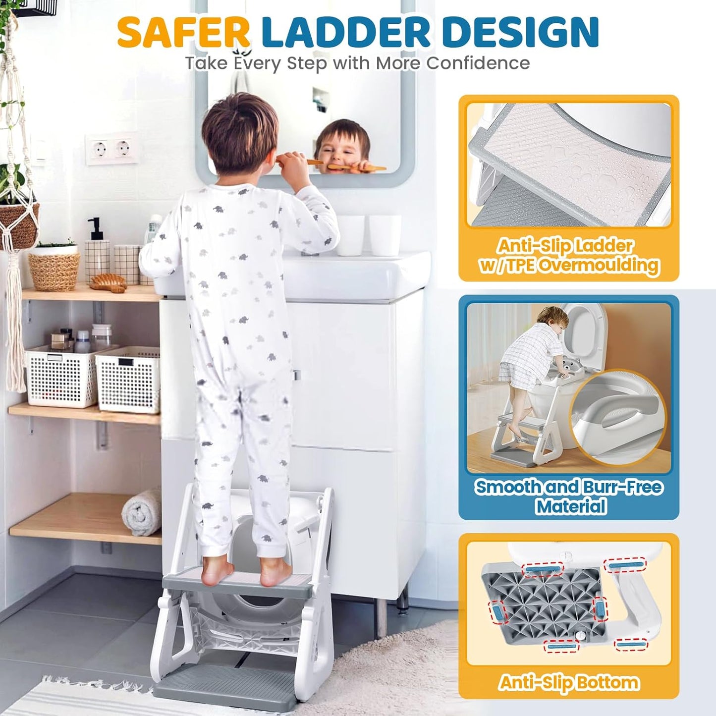 Orzbow 2-IN-1 Potty Training Toilet Seat with Step Stool for Toddler, Stability Training Potty Seat for Kids Boys Girls with Splash Guard and Anti-Slip Pad, Adjustable Ladder & Potty Seat Height, Grey