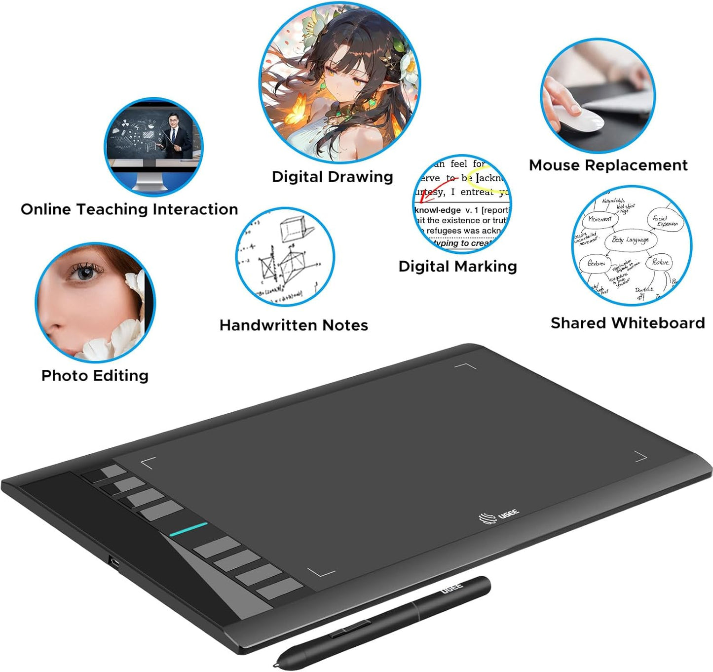 Graphics Drawing Tablet, UGEE M708 10 x 6 inch Large Digital Drawing Pad with 8 Hot Keys 8192 Levels Pen, Graphic Tablets for Computer Graphic Board Creation Sketch for PC/Laptop/Mac OS/Linux/Chrome
