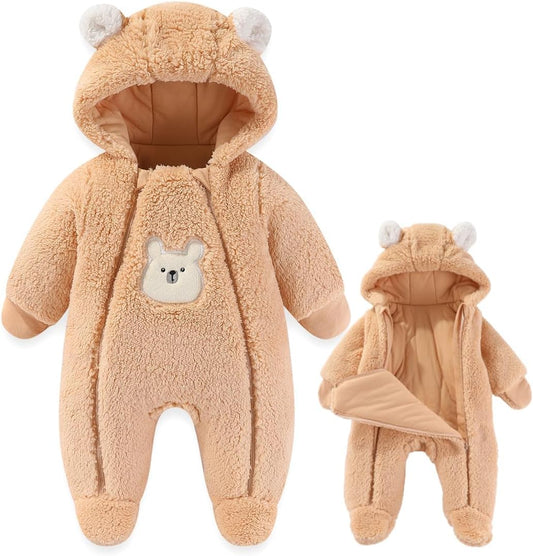 Fairy Baby Newborn Baby Winter Snowsuit Bear Thick Romper Footie Double Zip Hooded Jumpsuit Fleece Coat Infant Boy Girl 0-12M