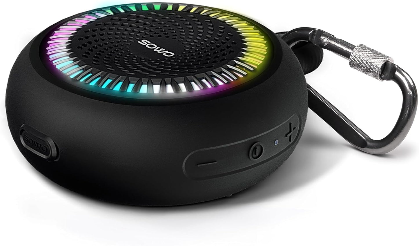 SOWO Shower Speaker Bluetooth Waterproof | Small Portable Wireless Bluetooth Speaker with Clip | Powerful Bass and Louder Volume | Colorful Lights and Lightweight | for Bathroom,Travel,Beach | Black