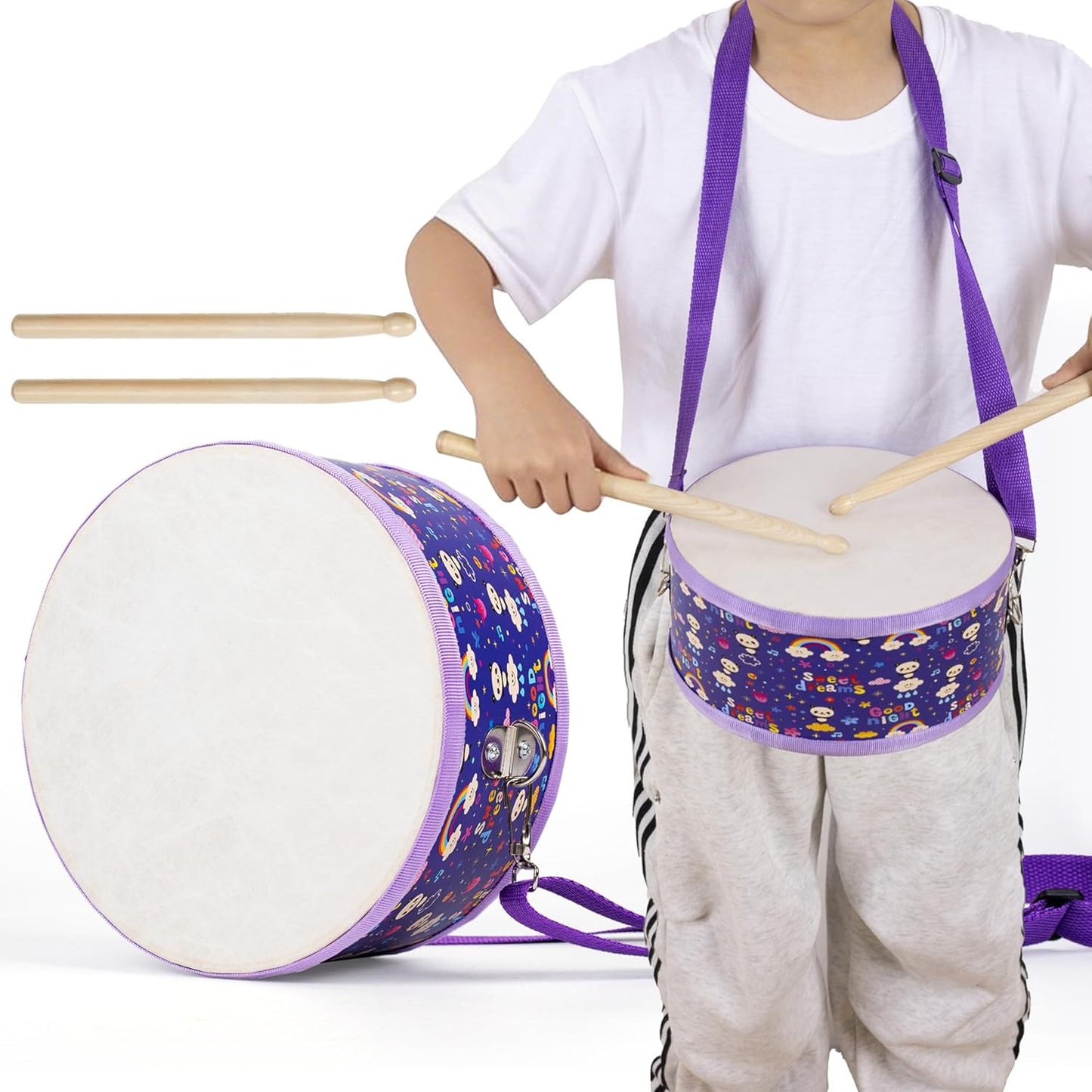 Kids Drum Set with Adjustable Strap: Toddler Musical Instrument for Ages 3-5, Wearable Drum Kit with Drumsticks, Educational Percussion Toy for Rhythm Music Development (Purple)