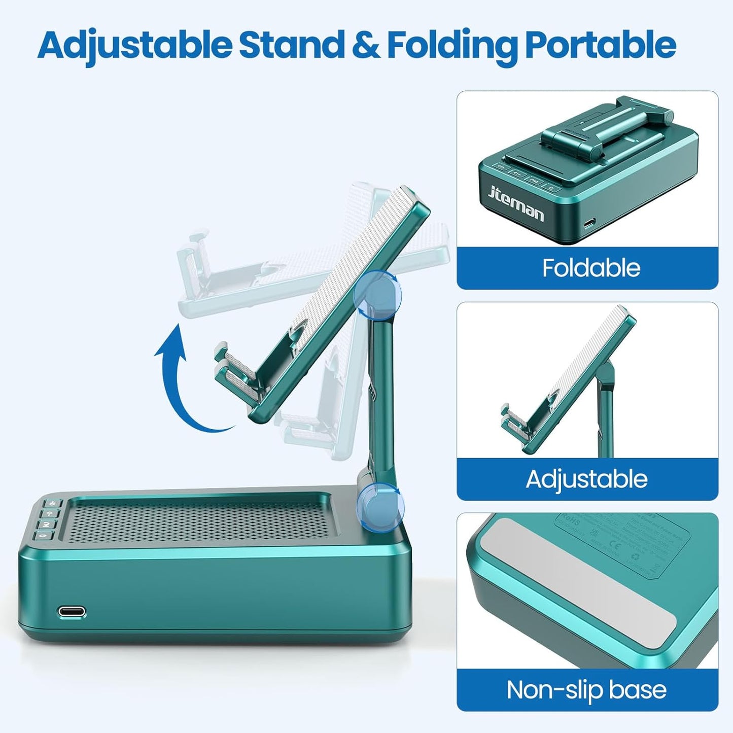 JTEMAN Cell Phone Stand with Wireless Bluetooth Speakers,Angle Adjustable Strong Pedestal Phone Stand for Desk,HD Sound and Bass Bluetooth Speaker Compatible with All Mobile Phones(Green)