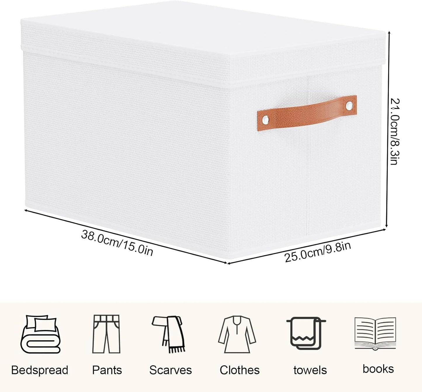 Fabric Storage Bins, Clothes Boxes for Shelves with Lids, Baskets for Organizing with Handles, Decorative Linen Closet Organizers, White, 1 Pack, 15 x 9.8 x 8.3 Inch