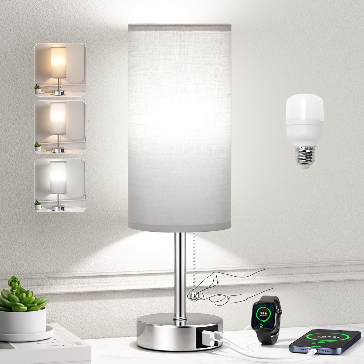 Grey Table Bedside Lamp for Bedroom Nightstand - Small Silver Lamp with USB A + C Charging Port, 3 Color Temperatures Pull Chain Night Stand Light with Bulb, Side Table Desk Lamp for Living Room