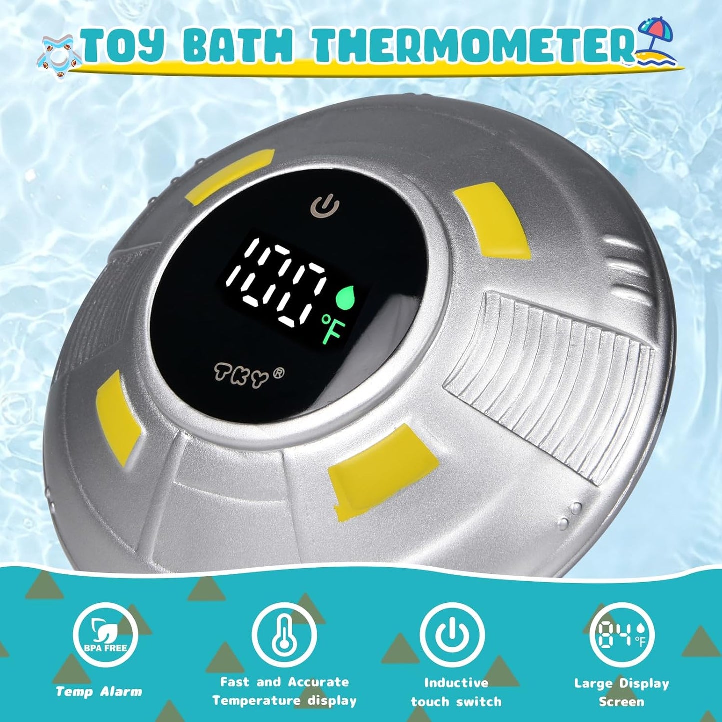 TKY Baby Bath Thermometer with Floating Toys - Digital Water & Room Temperature Monitor, Rechargeable Thermometer with Alerts for Newborn Bath Essentials, Infant Safety