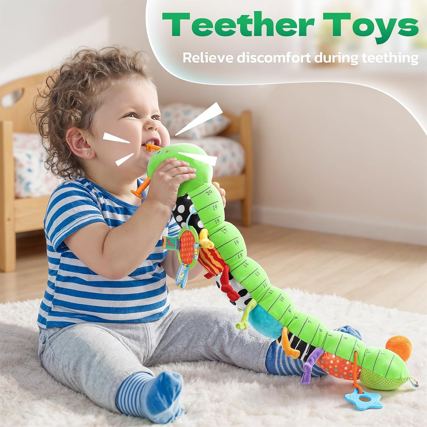 HEMRLY Baby Toys for 0-6 Months, Musical Plush Caterpillar Infant Sensory Toy with Baby Mirror&Crinkle Rattle,Pull String,Teething Toys, Tummy Time Newborn Gifts for 0-3-6-12 Boys Girls - Green Branch