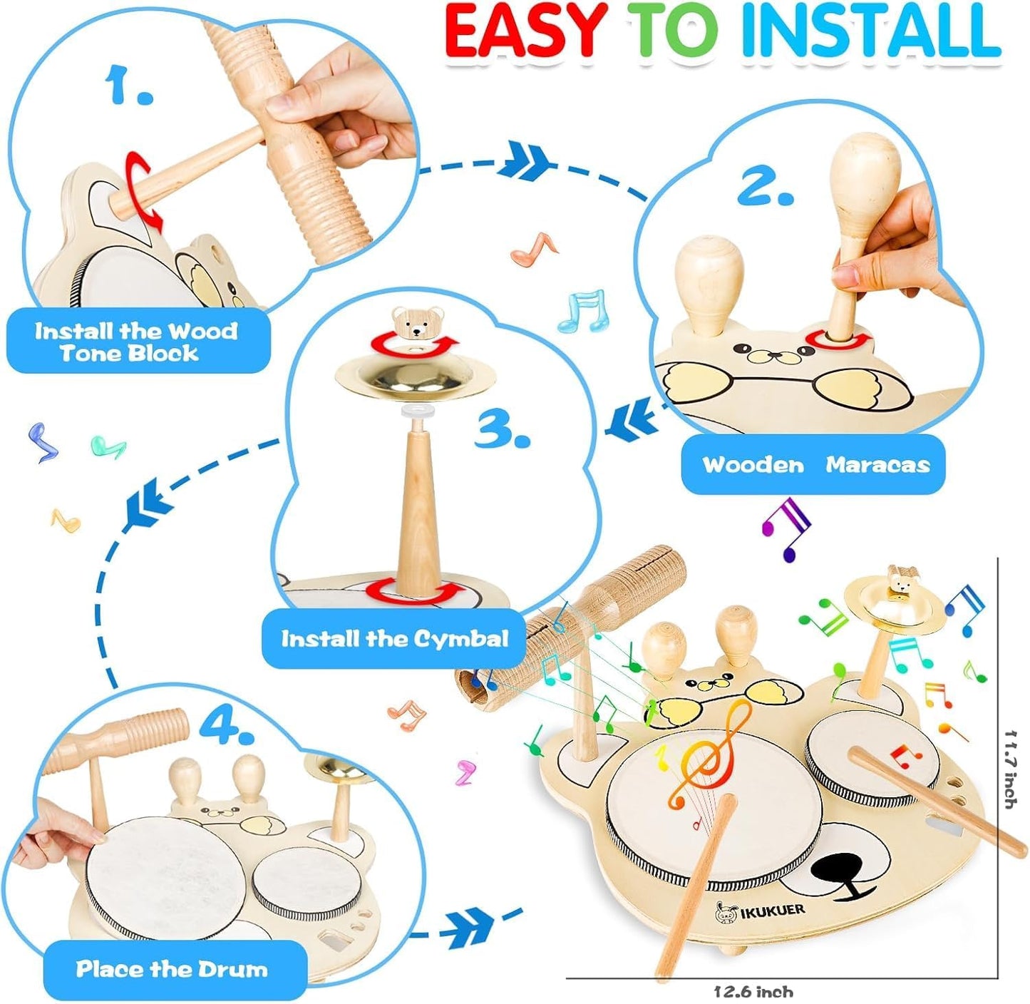 9 in 1 Kids Drum Set YOMESTE Toddlers Birthday Gift Wooden Xylophone Musical Instruments Kit,Montessori Musical Instruments Toys for Kids,Happy Gift ^_^ (Wooden Xylophone Drum Set)