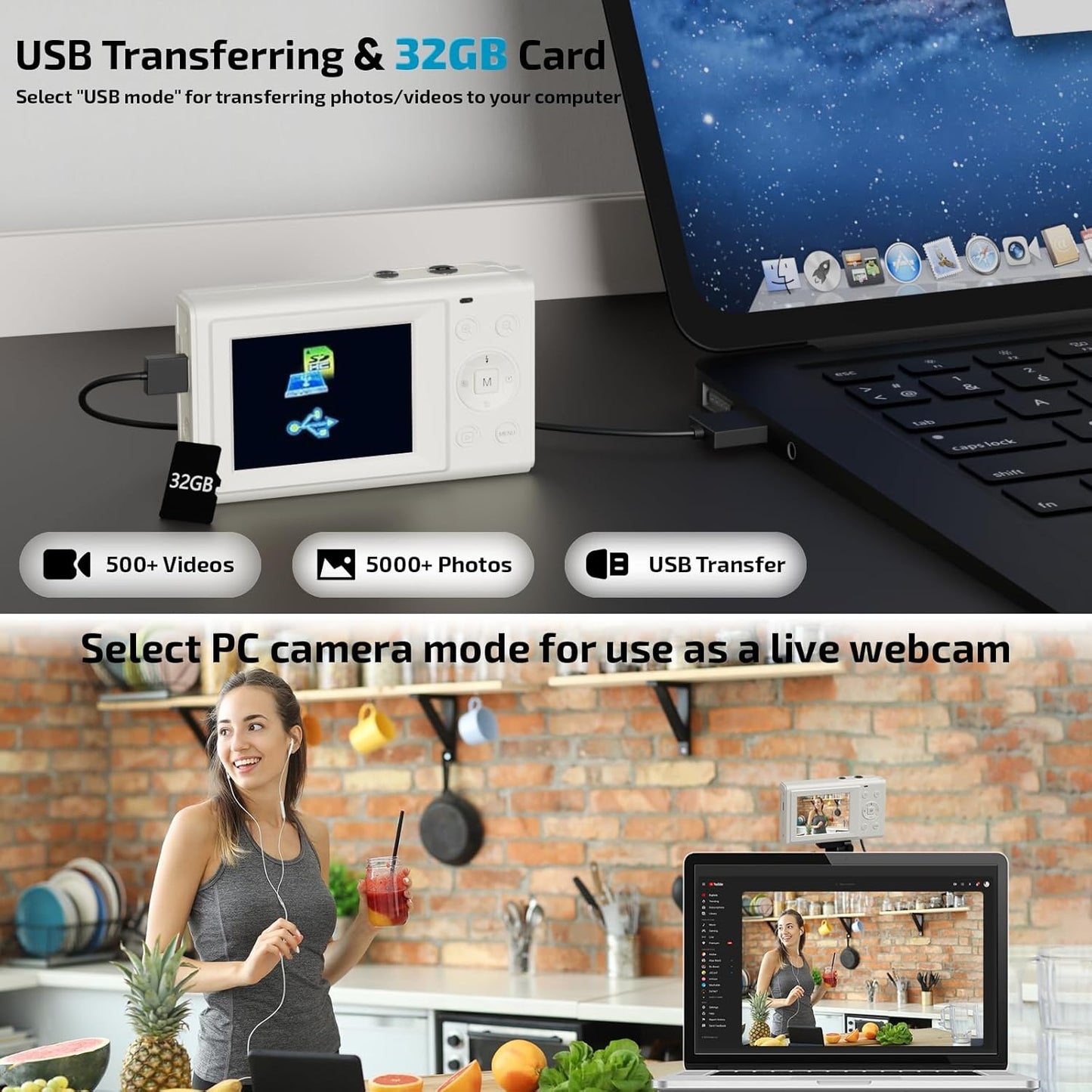 Upgrade Digital Camera, FHD 4K 44MP Autofocus Digital Point and Shoot YouTube Camera with 16X Zoom, 32GB SD Card, Compact Digital Camera Cheap for Teens Boys Girls Kids White