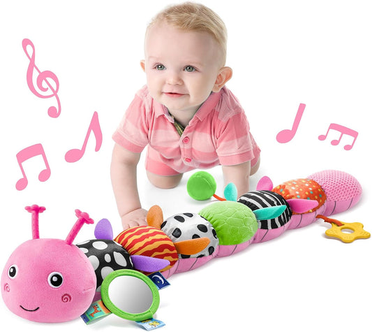 LIGHTDESIRE Baby Toys Musical Caterpillar,Infant Toys Stuffed Animals with Ruler Design,Mirror,Pull String&Ring Bell,Baby Teething Toys for Tummy Time Toys Newborn Gifts 3 6 12 Months(Pink,Leafy Limb)