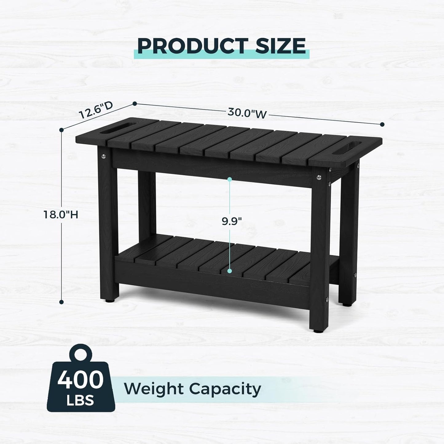 30" Shower Bench, Waterproof Poly Lumber Shower Stool for Shaving Legs, Shower Chair Seat Holds up to 400lbs, Bathroom Bench for Inside Shower, Non-Slip (Black)
