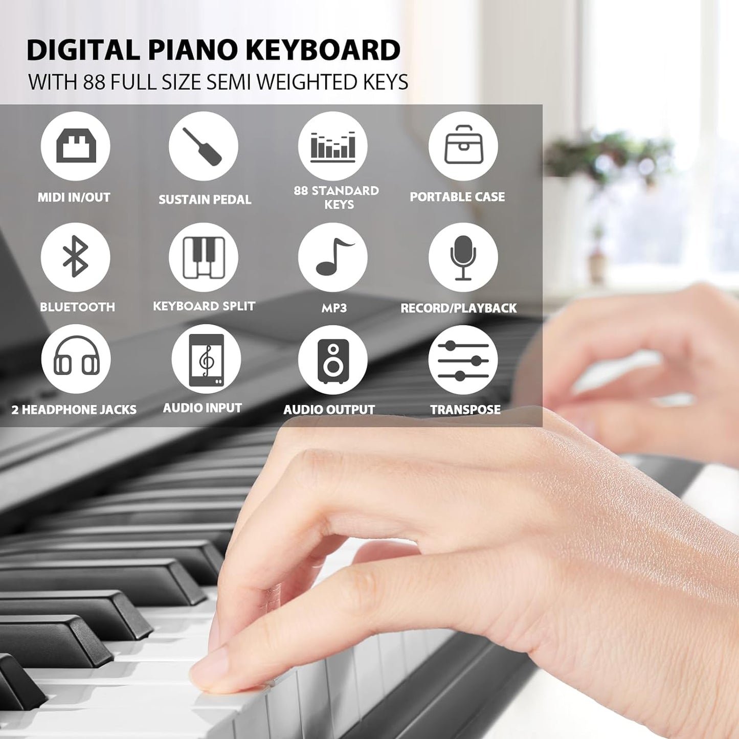 MUSTAR Digital Piano 88 Key Weighted with Stand, 88 Key Semi Weighted Keyboard Piano MEP-1100, Electric Piano Keyboard 88 Keys for Beginners, 2x25W Stereo Speakers, Case, Sustain Pedal, ABS, Black