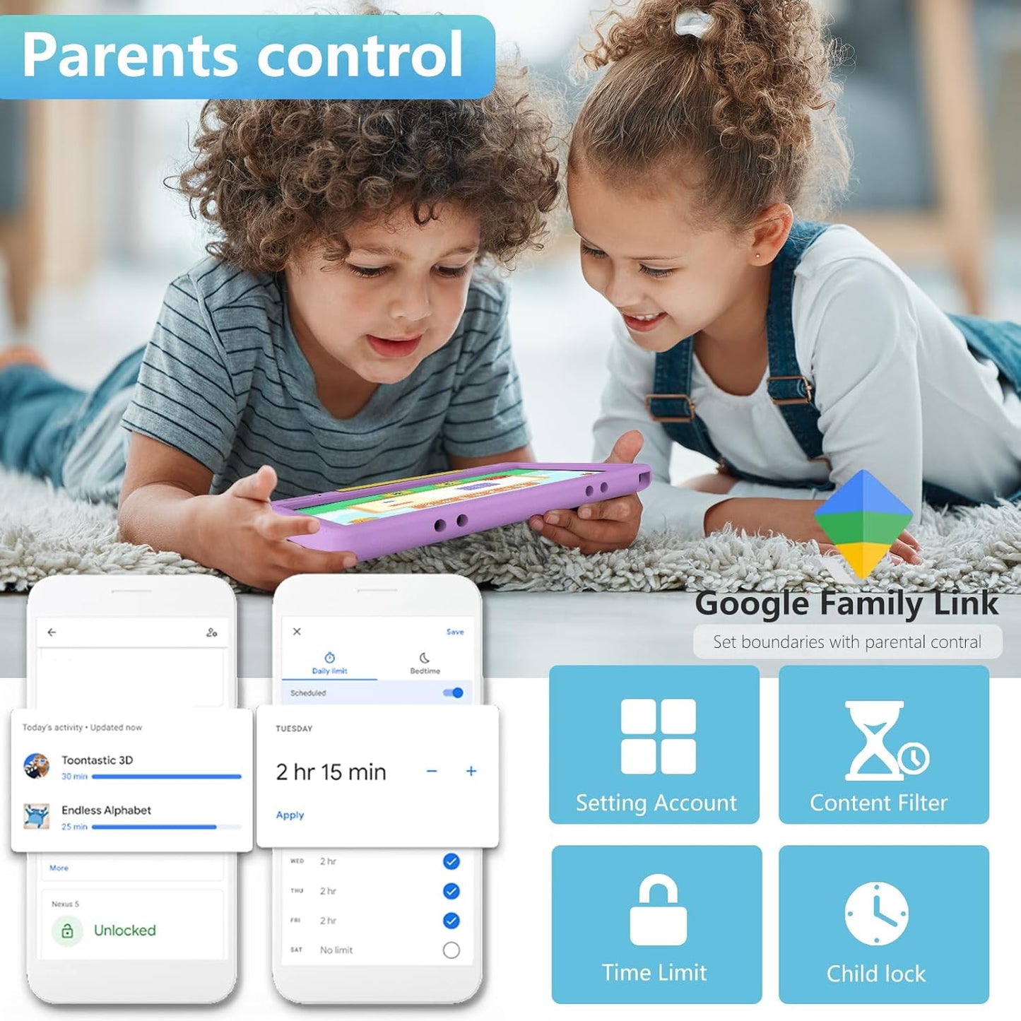 Tablet for Kids 10.1 inch Android 14, 8GB+64GB(TF 1TB) 6000mAh Kids Tablet WiFi6 Parental Control,Face Unlock, 1280 * 800 HD Screen (Purple)