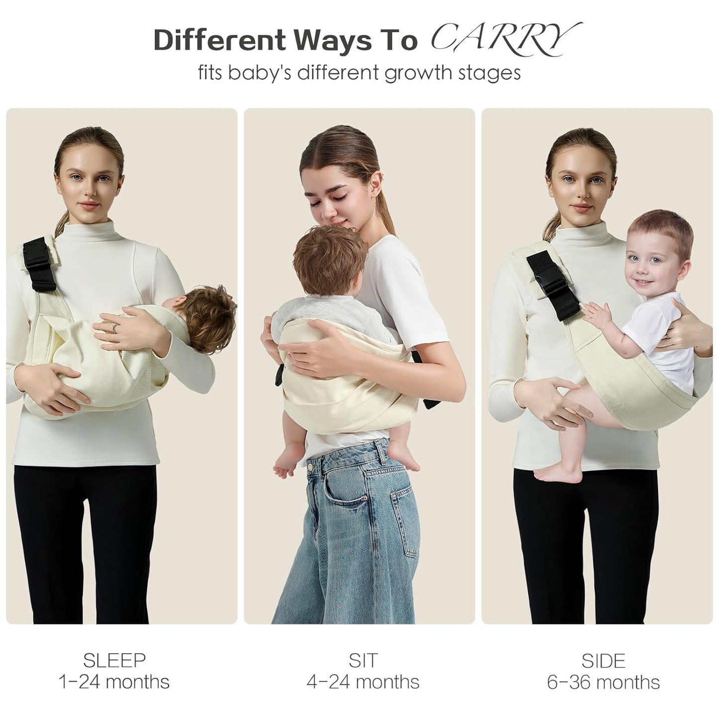 Baby Sling Carrier, Toddler Carrier Sling with Double Safety Buckle and Adjustable Shoulder Strap(7-30lbs), Baby Carriers One Size Fits All, Beige