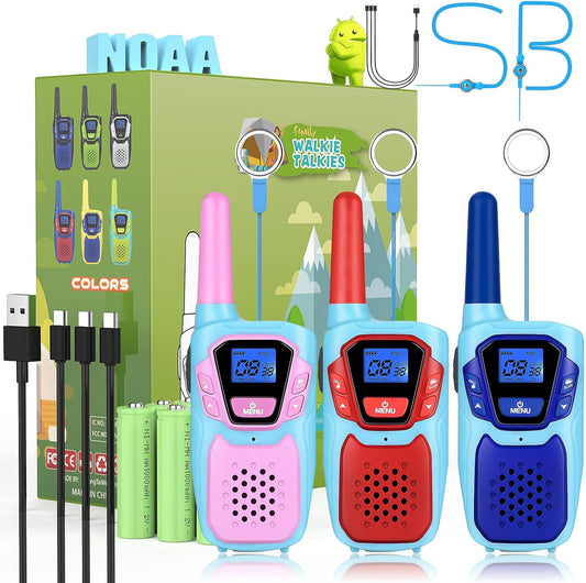 Walkie Talkies Long Range 3 Pack Rechargeable Walkie-Talkies for Kids Girls Boys Toddlers Adults Camping Hiking Skiing Cruise, Family Pink 2 Way Radio Toy with Lanyard Battery 4 Miles VOX NOAA