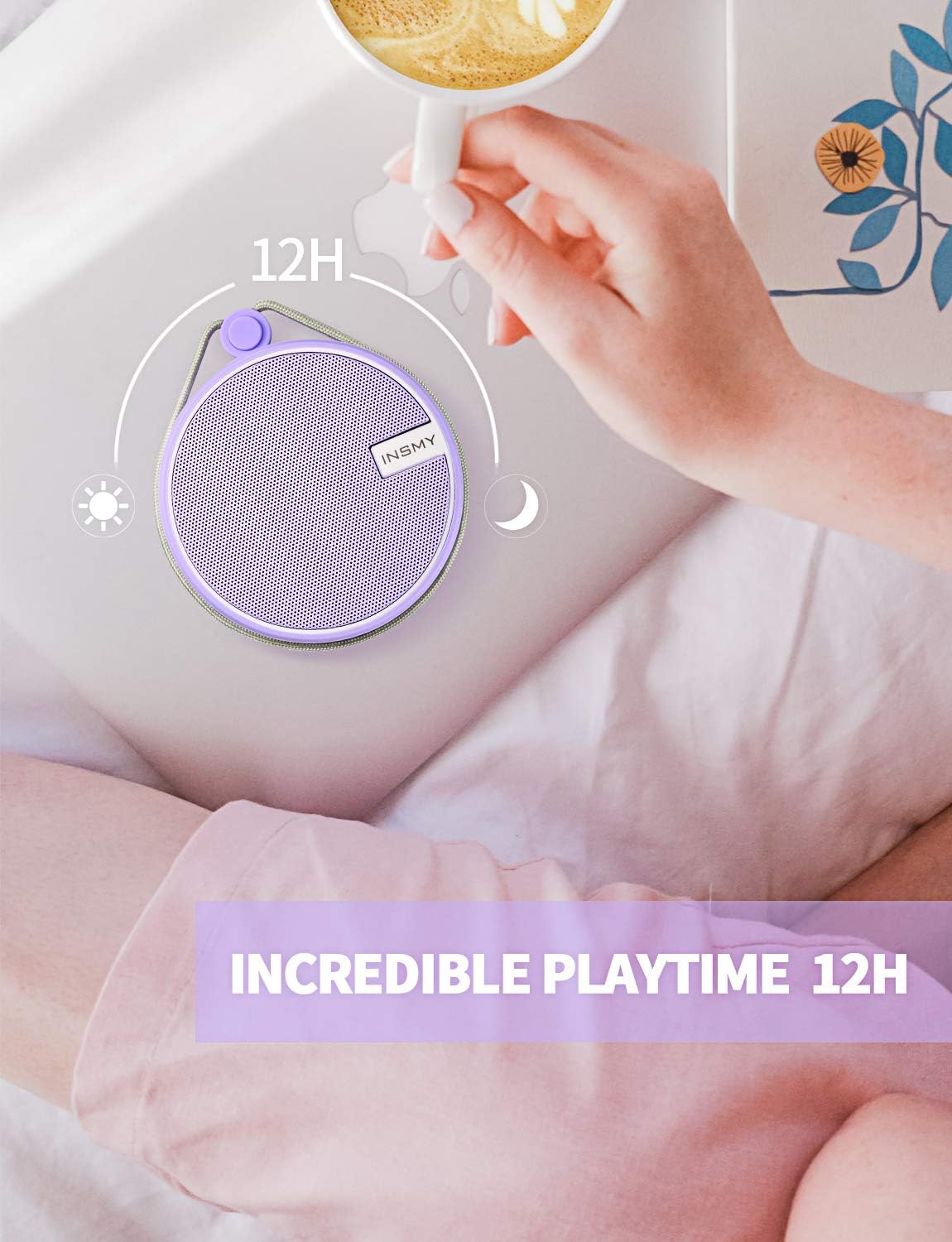 INSMY C12 IPX7 Waterproof Shower Bluetooth Speaker, Portable Small Speaker, Speakers Bluetooth Wireless Loud Clear Sound Support TF Card Suction Cup for Kayak Canoe Beach Gift (Purple)