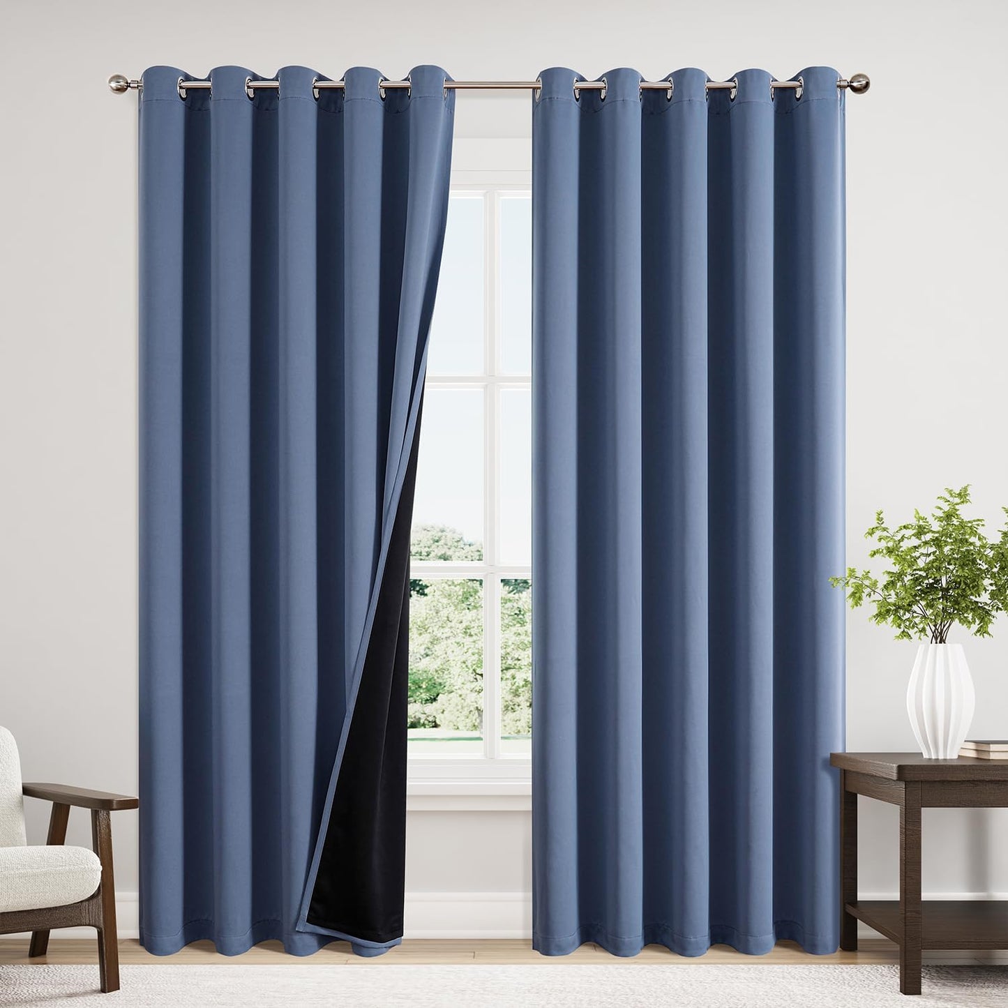 ChrisDowa 100% Blackout Curtains 84 inch Long for Bedroom with Black Liner, Extra Wide 2 Thick Layers Total Blackout Thermal Insulated Grommet Window Curtains 2 Panels Set (Stone Blue, 60 x 84 Inch)
