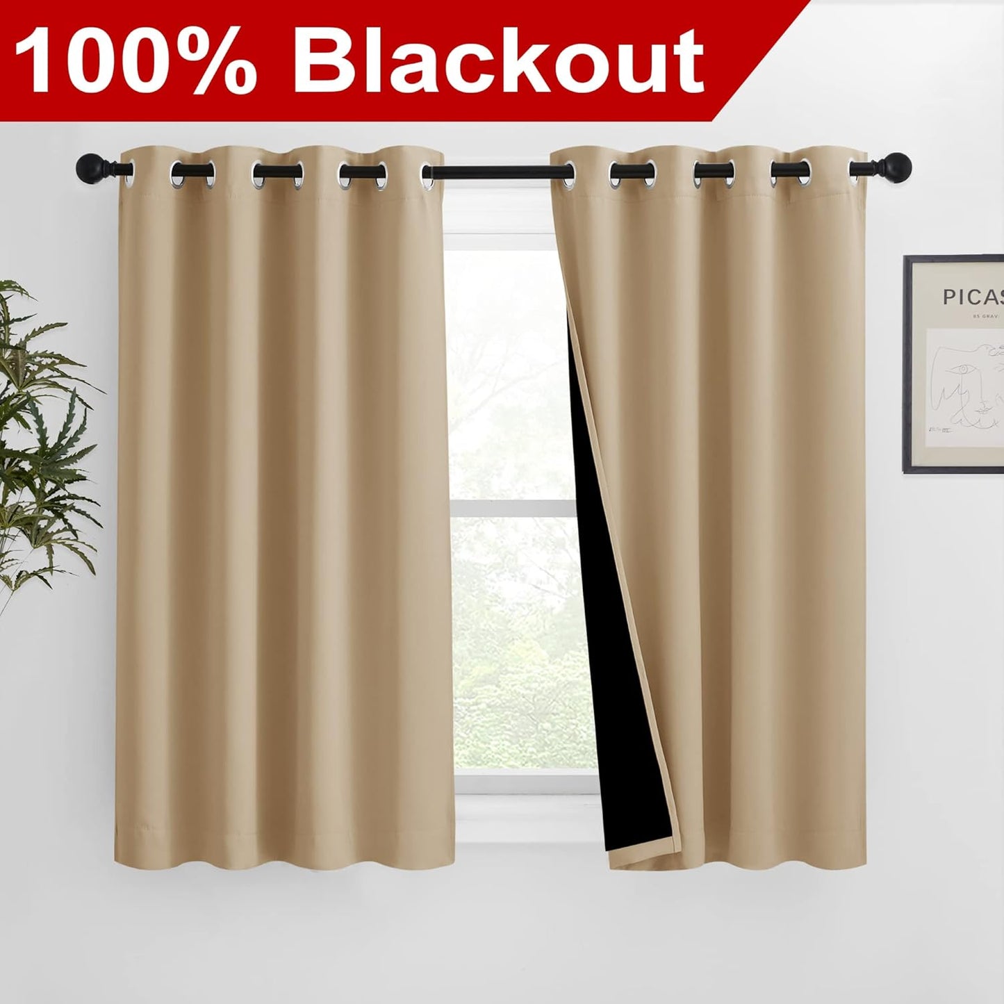 NICETOWN Bedroom Full Blackout Curtain Panels, Super Thick Insulated Grommet Drapes, Double-Layer Blackout Draperies with Black Liner for Small Window (Set of 2 Pcs, 46 by 54-inch, Biscotti Beige)