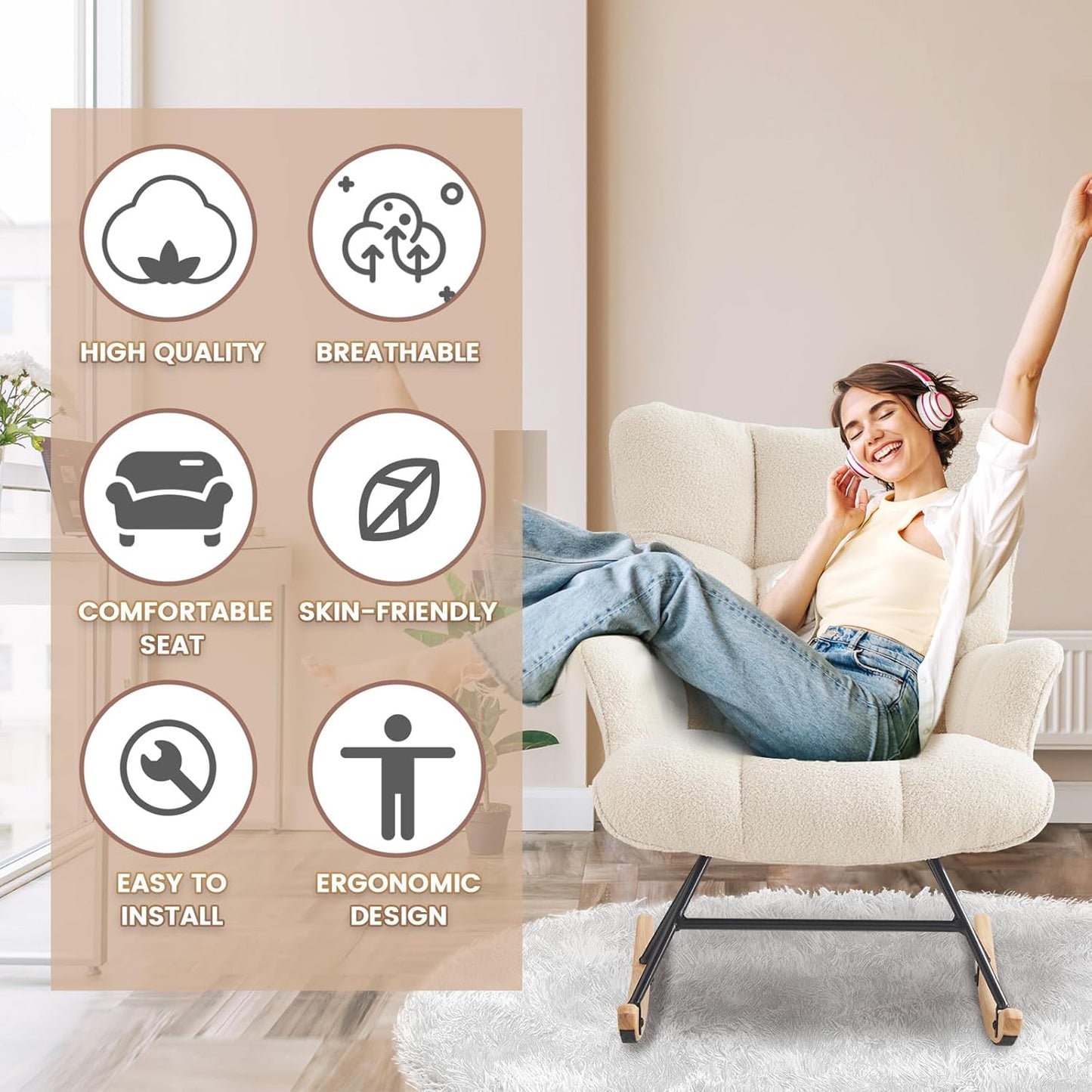 Rocking Chair Nursery Teddy Upholstered Glider Rocker Rocking Accent Chair Padded Seat with High Backrest Armchair Comfy Side Chair for Living Room Bedroom Offices (Ivory Teddy)