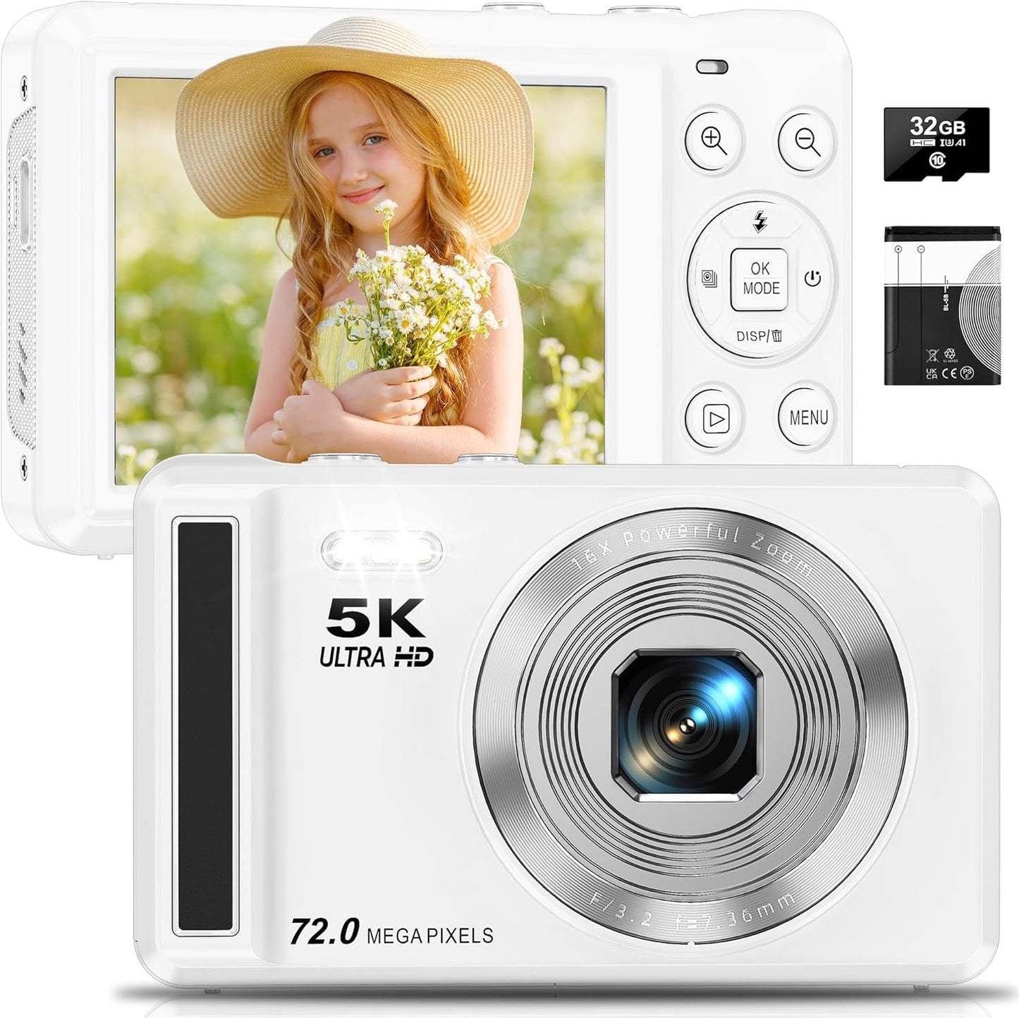 5K Digital Camera - 72MP UHD Digital Cameras for Photography - Autofocus Point and Shoot Small Camera with Flash for Kids - 2.8 Inch Screen Compact Portable Vlogging Camara with 16X Zoom, 32GB SD Card