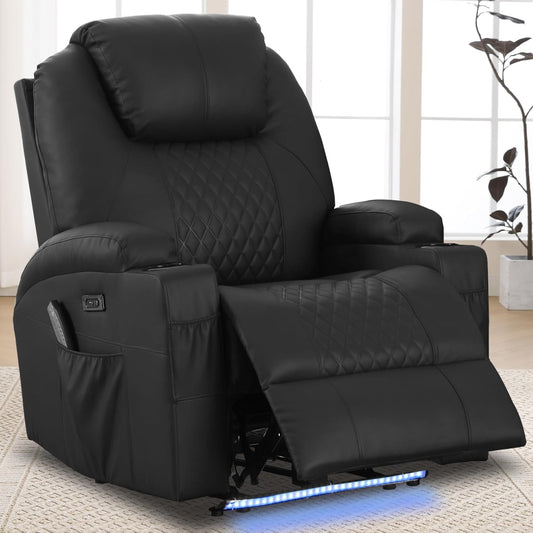 Power Recliner Chair with Heat and Massage for Adults - Home Theater Seating with LED Lights,Cup Holders,Side Pocket,USB Port - Recliner Sofa for Living Room(Black, Single Recliner)