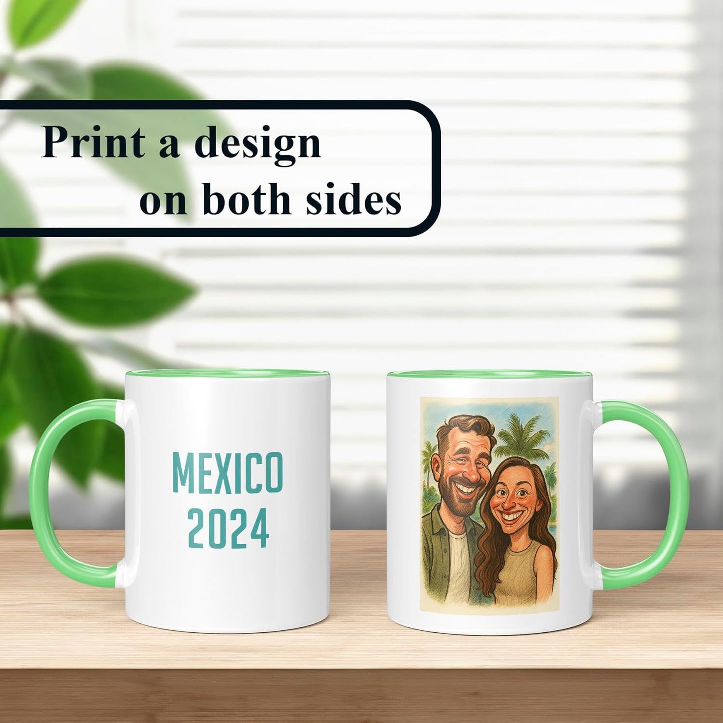 Personalized Coffee Mug, Custom Photo Caricature Gift, Funny Customized Coffee Gift for Men & Women, Custom Mugs with Pictures, Light Green 11oz Customized Ceramic Tea Cup