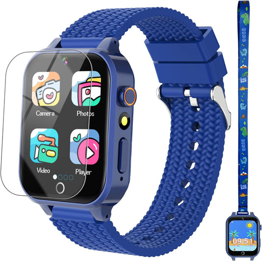 Smart Watch for Kids Boy Gift Ages 3-12, 2 Screen Protector, 26 Puzzle Games, HD Camera Video Music Player Touchscreen Pedometer, Educationtal Toy Brithday Gifts for Boy Ages 4 5 6 7 8 9 10(Blue)