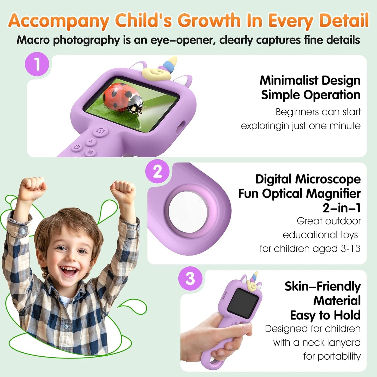 Microscope for Kids - Mini Pocket Kid's Microscope Handheld, 2.4" - 600X FHD Digital Microscope Educational Science Toys, Outdoor Toys for Kids Ages 4-8 8-12, Boys & Girls Christmas Birthday Gifts