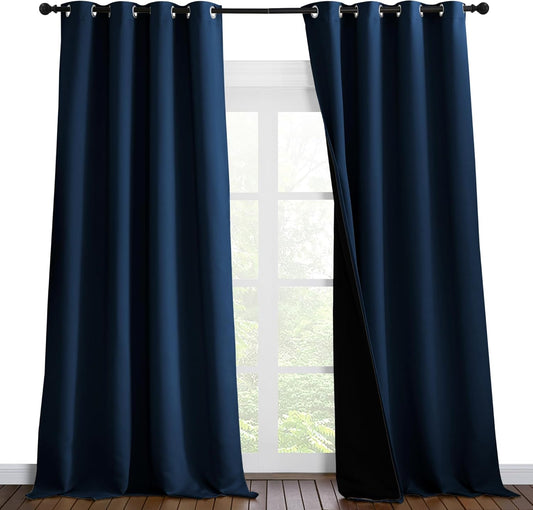 NICETOWN 100% Blackout Blinds, Laundry Room Decor Window Treatment Curtains for Large Patio Sliding Door, Thermal Insulated Moroccan Blue Curtains for Bedroom, Set of 2, 55 inches x 102 inches