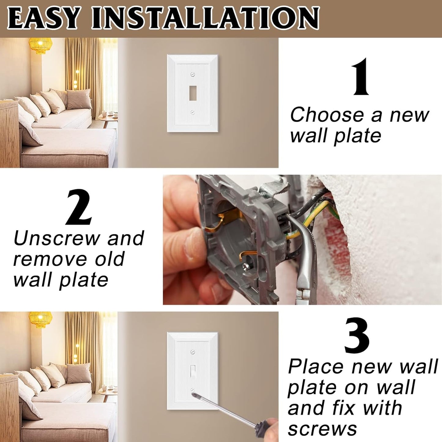 Modern Decorative Wall Plate Switch Plate Outlet Cover, Vintage Retro Wood Grain Design(Single Toggle-10 Pack, White)